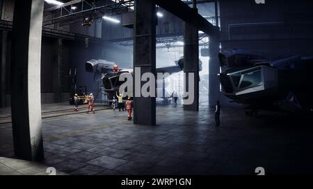 Robot che cammina. Produzione di navi militari futuristiche in fabbrica. Concetto futuro. rendering 3d. Foto Stock