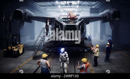 Robot che cammina. Produzione di navi militari futuristiche in fabbrica. Concetto futuro. rendering 3d. Foto Stock