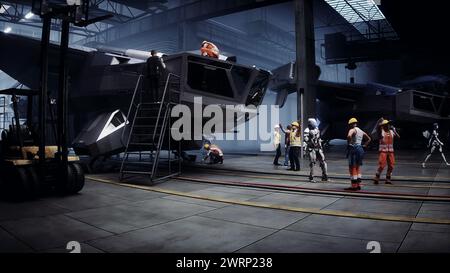 Robot che cammina. Produzione di navi militari futuristiche in fabbrica. Concetto futuro. rendering 3d. Foto Stock