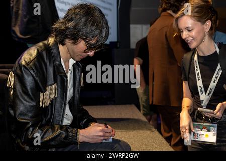 Austin, Stati Uniti. 13 marzo 2024. Xavier de Rosnay, di Justice, firma autografi alla "Featured Session: Justice: In Conversation" durante il South by Southwest 2024 ad Austin, Texas, mercoledì 13 marzo 2024. (Travis P Ball/Sipa USA) credito: SIPA USA/Alamy Live News Foto Stock