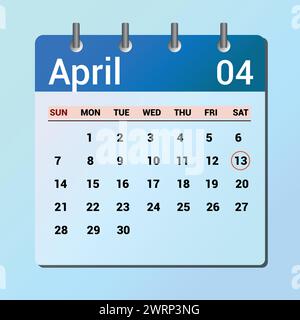 13 aprile. Calendario con icone piatte isolato su sfondo blu. Illustrazione vettoriale di data e mese Illustrazione Vettoriale