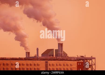 una fabbrica con vista spettacolare con il vapore che esce dal camino, che sale nel cielo del tramonto, cattura l'energia e l'industria, l'impatto ambientale dell'industrializzazione Foto Stock