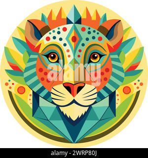 Vista frontale della maschera africana a forma di testa leopardata in stile geometrico con colori caldi. Immagine vettoriale Illustrazione Vettoriale