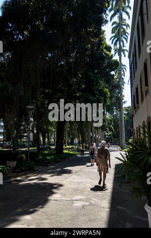 Vista est dei giardini del Palazzo Catete con persone che camminano vicino all'edificio principale e a via Catete nel quartiere Flamengo durante il giorno di sole mattutino d'estate. Foto Stock