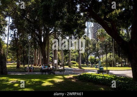 Vista est della vegetazione verde del Palazzo Catete e dei giardini ben tenuti vicino alla casa principale nel quartiere Flamengo durante il giorno di sole mattutino d'estate. Foto Stock