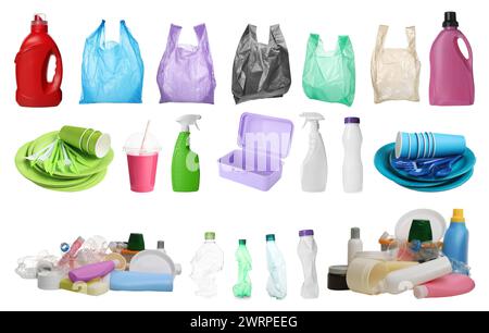 Diversi articoli in plastica isolati su bianco, set Foto Stock