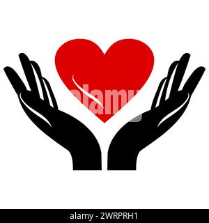Mani che tengono il cuore. Mani in alto con i cuori. Cuore in mano. Icona vettoriale. Icone di silhouette di beneficenza. Poster di volontariato. Donazione, Love Icons. Illustrazione Vettoriale