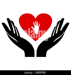 Mani che tengono il cuore. Mani in alto con i cuori. Cuore in mano. Icona vettoriale. Icone di silhouette di beneficenza. Poster di volontariato. Donazione, Love Icons. Illustrazione Vettoriale