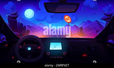 Vista dall'interno dell'auto attraverso il parabrezza su strada nel deserto di notte sotto la luce della luna piena. Abitacolo di automobili senza conducente vettoriale Cartoon con volante, cruscotto di controllo con navigatore gps. Illustrazione Vettoriale