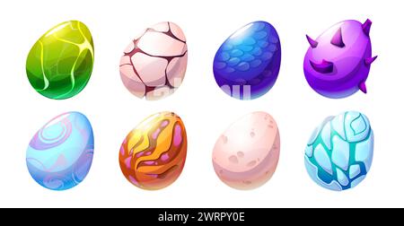 Collezione di illustrazioni vettoriali di cartoni animati con uova di dinosauro colorate e fantasia. Icona di Pasqua colorata e decorata. Un mostro fiabesco del Giurassico infantile o un nido ovale di serpente con motivi diversi. Illustrazione Vettoriale