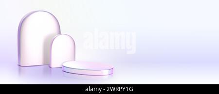 Oggetti olografici ad arco 3D isolati su sfondo a gradiente viola e bianco. Illustrazione vettoriale realistica del podio geometrico astratto per la presentazione del prodotto con superficie lucida iridescente Illustrazione Vettoriale