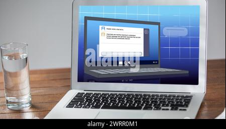 Immagine della chat di intelligenza artificiale e dell'elaborazione dei dati su un laptop sulla scrivania Foto Stock