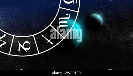 Immagine di pianeti verdi e zodiaco nello spazio nero Foto Stock