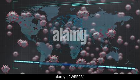 Immagine delle cellule covid 19 sullo schermo sulla mappa mondiale Foto Stock