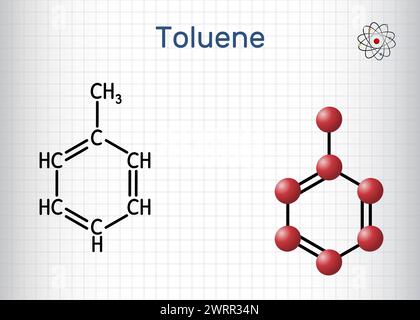 Toluene, molecola di toluolo C7H8. Metilbenzene, idrocarburi aromatici. Formula chimica strutturale e modello molecolare. Foglio di carta in gabbia. Vettore Illustrazione Vettoriale
