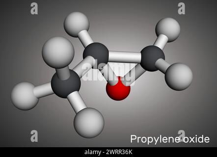 Molecola di ossido di propilene. Modello molecolare. Rendering 3D. Illustrazione Foto Stock