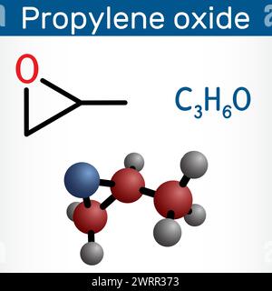 Molecola di ossido di propilene. Formula chimica strutturale e modello molecolare. Illustrazione vettoriale Illustrazione Vettoriale