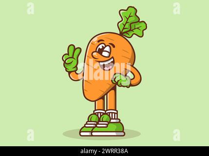 Simpatico personaggio di una mascotte raffigurante una carota con la mano che forma il simbolo della pace Illustrazione Vettoriale