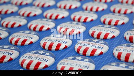Immagine del testo delle elezioni presidenziali spille del pulsante della bandiera americana su sfondo blu Foto Stock