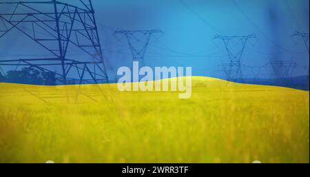 Immagine della bandiera dell'ucraina su pali di campo e di elettricità Foto Stock