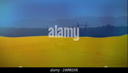 Immagine della bandiera dell'ucraina su pali di campo e di elettricità Foto Stock