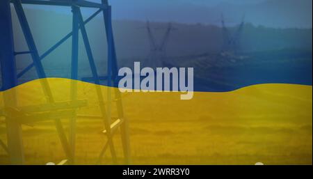 Immagine della bandiera dell'ucraina su pali di campo e di elettricità Foto Stock