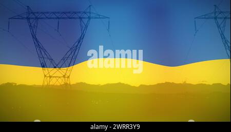 Immagine della bandiera dell'ucraina su pali di campo e di elettricità Foto Stock