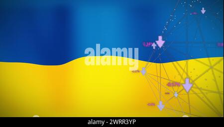 Immagine dei dati finanziari e delle connessioni sulla bandiera dell'ucraina Foto Stock