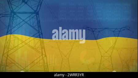 Immagine della bandiera dell'ucraina su pali di campo e di elettricità Foto Stock