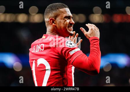 Samuel Lino dell'Atletico de Madrid durante la UEFA Champions League, turno 16, partita di calcio di 2a tappa tra l'Atletico de Madrid e l'FC Internazionale il 13 marzo 2024 allo stadio Civitas Metropolitano di Madrid, Spagna Foto Stock