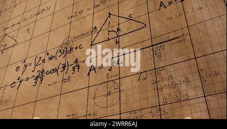 Equazioni matematiche e figure animate su uno schermo con motivi quadrati per il ritorno a scuola 4K. Foto Stock