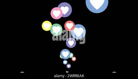 Immagine digitale delle icone del cuore in cerchi colorati che si spostano verso l'alto su uno sfondo nero 4k Foto Stock