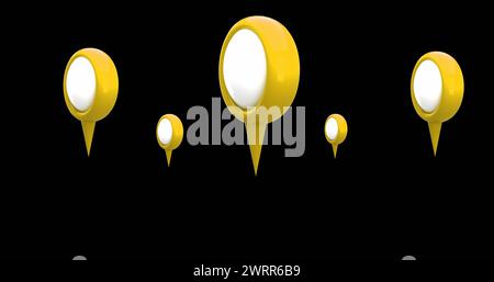 L'immagine digitale 4K mostra i perni gialli della mappa con centri grigi su sfondo nero. Foto Stock