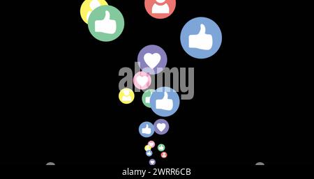 Immagine digitale di cerchi colorati che si muovono verso l'alto con icone diverse per i social media 4K Foto Stock