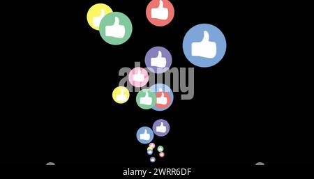 Icone colorate in cerchio ascendono su uno schermo nero per i social media 4K. Foto Stock