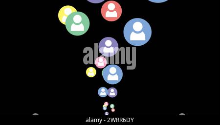 Immagine digitale di cerchi colorati con icone del profilo che si spostano verso l'alto per i social media 4K Foto Stock