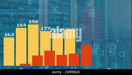 Immagine dell'elaborazione dei dati statistici e della rete di icone digitali rispetto alla sala server del computer Foto Stock