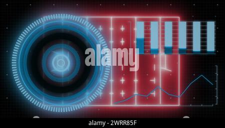 Immagine digitale dello scanner rotondo al neon rispetto all'elaborazione dei dati su sfondo blu Foto Stock