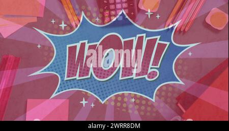 Wow! scrivi in una bolla retrò con articoli scolastici in stile fumetto vintage rosa. Foto Stock