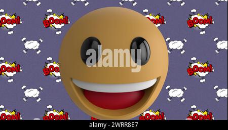 Immagine di emoji sorridente con l'asta! testo scritto su fumetti retrospettivi su sfondo viola. Concept comico vintage in formato digitale Foto Stock