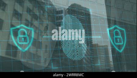 Immagine della scansione delle impronte digitali e dei lucchetti digitali sul paesaggio urbano Foto Stock