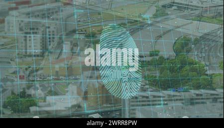 Immagine della scansione delle impronte digitali e dei lucchetti digitali sul paesaggio urbano Foto Stock