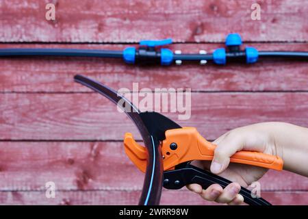 Assemblando una tubazione esterna per acqua potabile e irrigazione, l'idraulico taglia il tubo in HDPE con un tagliatubi a cricchetto. Foto Stock