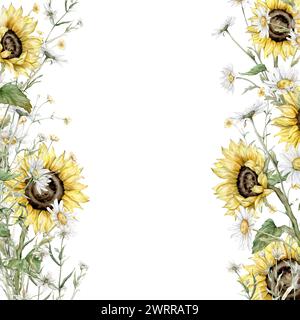 Incorniciare i fiori estivi ad acquerello. Bouquet di prato con margherita bianca e fiori di girasole gialli. Illustrazione disegnata a mano su sfondo isolato. Blossom Foto Stock