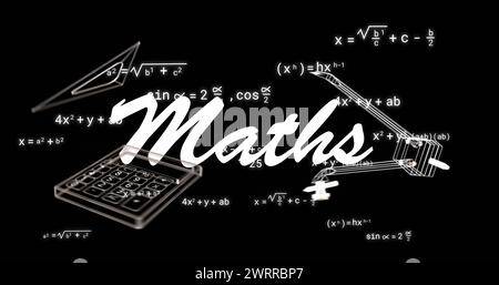 Immagine del testo matematico su icone ed equazioni matematiche su sfondo nero Foto Stock
