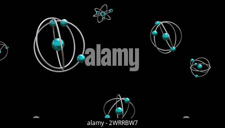 Immagine di modelli atomici che ruotano su sfondo nero Foto Stock