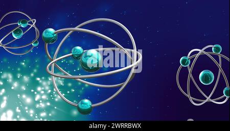 Immagine di modelli atomici che ruotano su sfondo blu Foto Stock