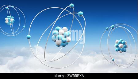 Immagine di modelli atomi che ruotano sopra le nuvole su sfondo blu Foto Stock