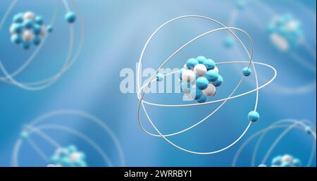 Immagine di modelli atomici che ruotano su sfondo blu Foto Stock