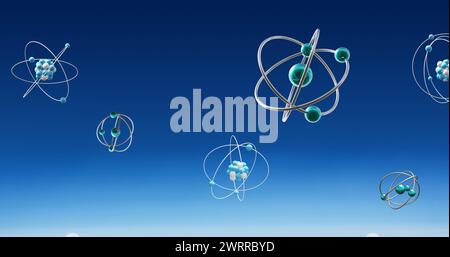 Immagine di modelli atomici che ruotano su sfondo blu Foto Stock